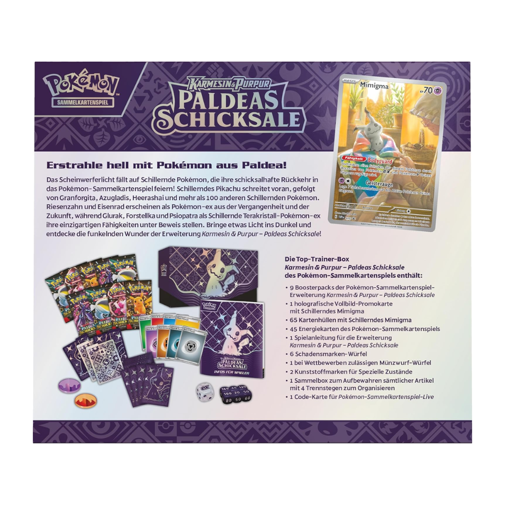 Pokémon Sammelkartenspiel Karmesin & Purpur Paldeas Schicksale Top-Trainer-Box in deutsch (Rückseite)