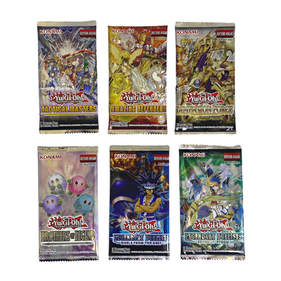 Yu-Gi-Oh! 6 x Booster Packung (gemischt & zufällig sortiert) mit zufälliger Yu-Gi-Oh! Kartenbox (Motive: Dunkler Magier, blauäugiger weißer Drache)