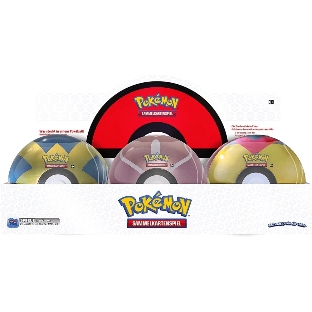 Pokémon Tin-Box Pokéball mit Boosterpacks in verschiedenen Farben