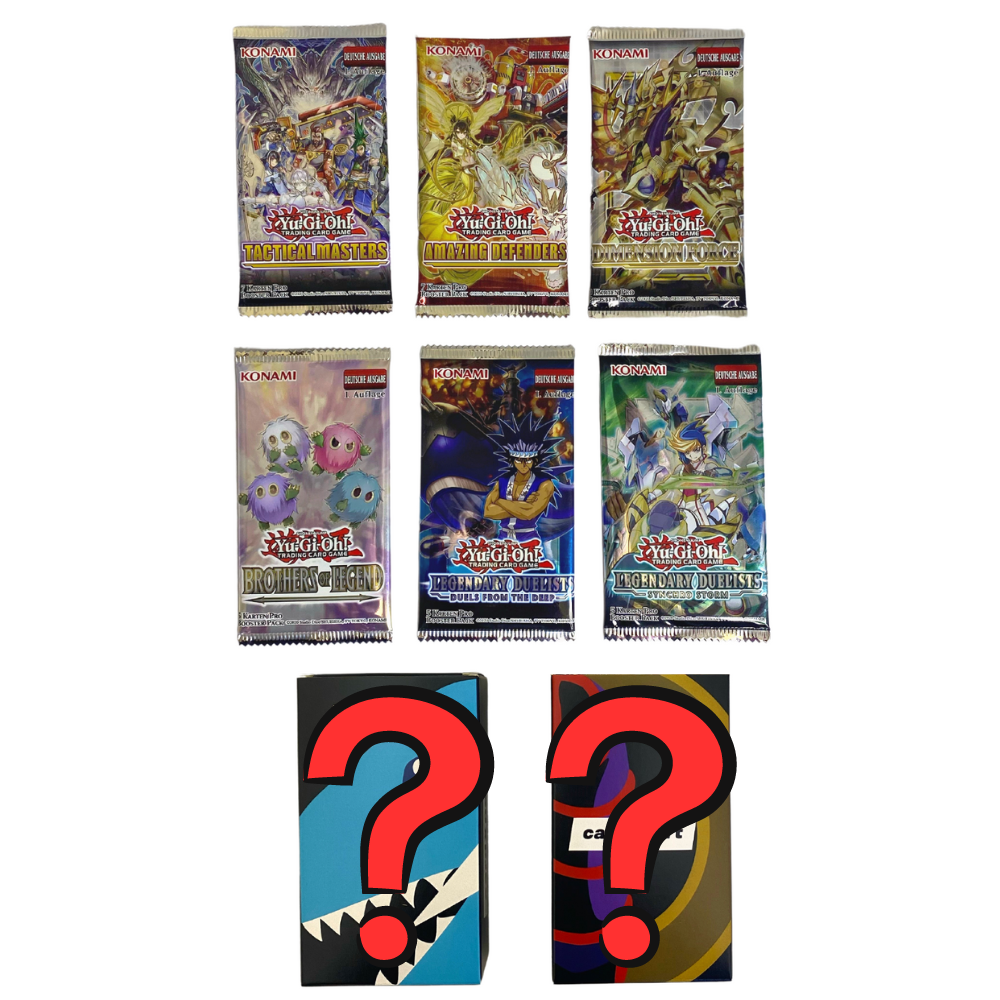 Yu-Gi-Oh! 6 x Booster Packung (gemischt & zufällig sortiert) mit zufälliger Yu-Gi-Oh! Kartenbox (Motive: Dunkler Magier, blauäugiger weißer Drache)